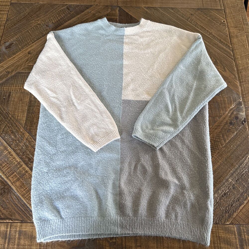 Missguided Sweater Womens Size 10 Colorblock Knit Blue Green Cream Grey Top